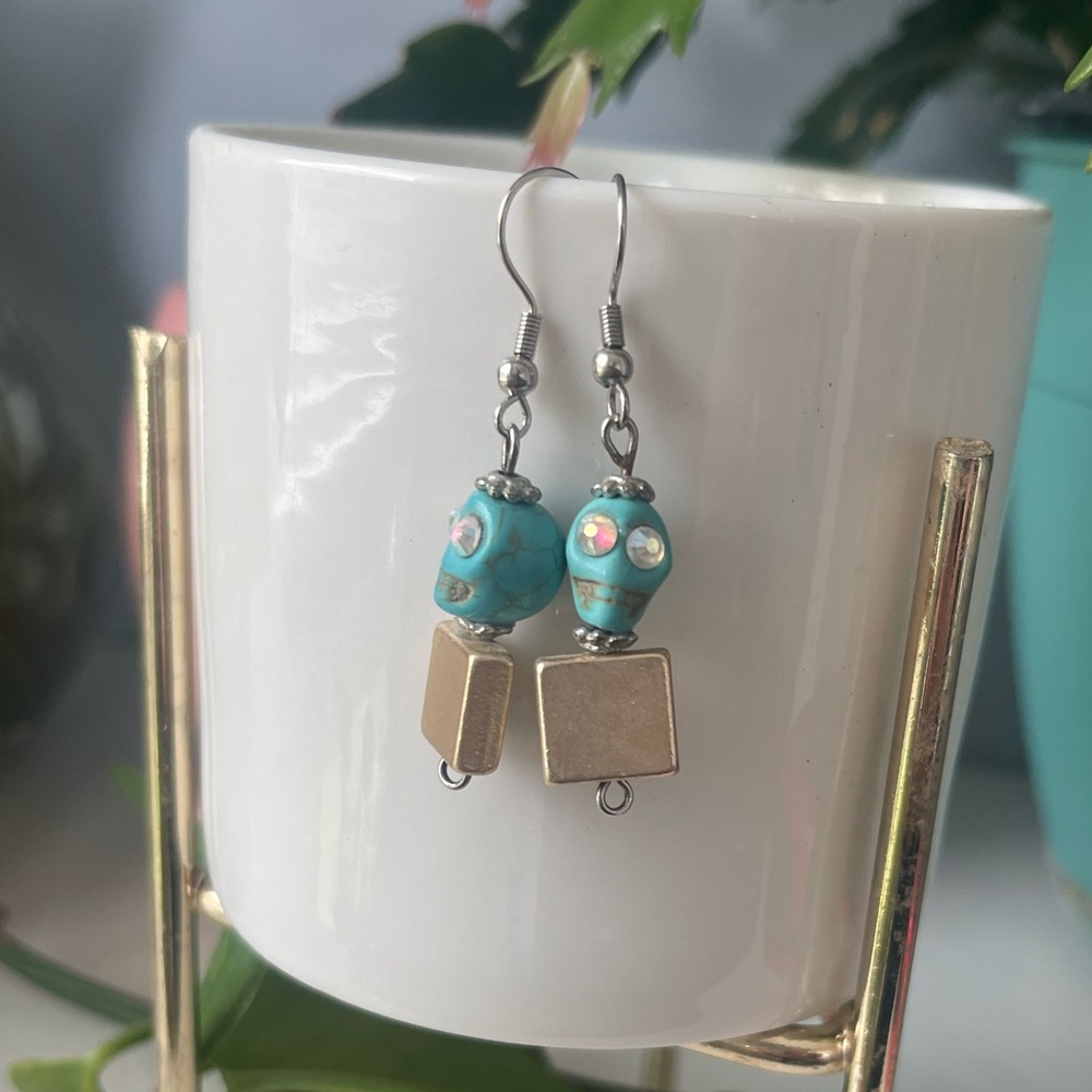 Turquoise Skull & Silver Square Dangle Earrings